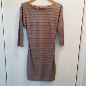 Express Striped Sequin Dress Brown 3/4 Sleeve